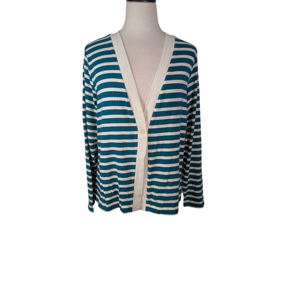 Coldwater Creek Large Open Front Cardigan Green & White Stripe Jersey Knit